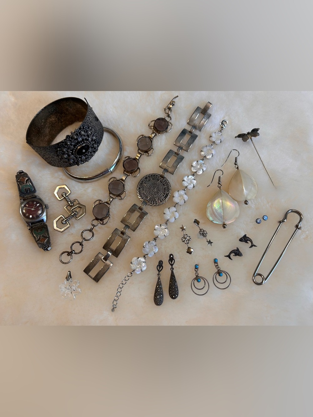 Lot of vintage silver tone jewelry earrings bracelets pins